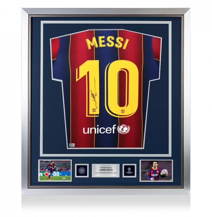 Lionel Messi Official UEFA Champions League Back Signed and Framed FC Barcelona 2020-21 Home Shirt
