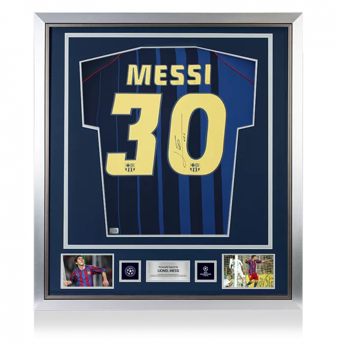 Lionel Messi Official UEFA Champions League Official Back Signed and Framed FC Barcelona 2004-05 Away Shirt