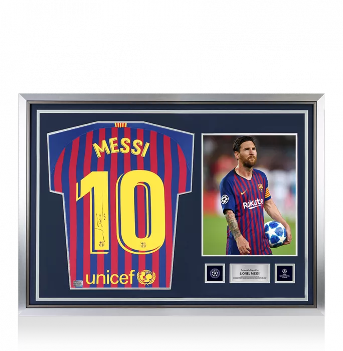 Lionel Messi Official UEFA Champions League Official Back Signed and Hero Framed FC Barcelona 2018-19 Home Shirt