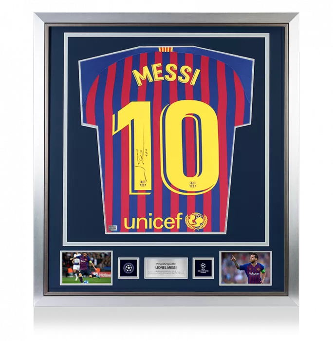 Lionel Messi Official UEFA Champions League Official Back Signed and Framed FC Barcelona 2018-19 Home Shirt