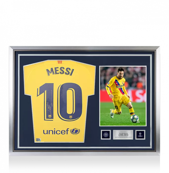 Lionel Messi Official UEFA Champions League Official Back Signed and Hero Framed FC Barcelona 2019-20 Away Shirt