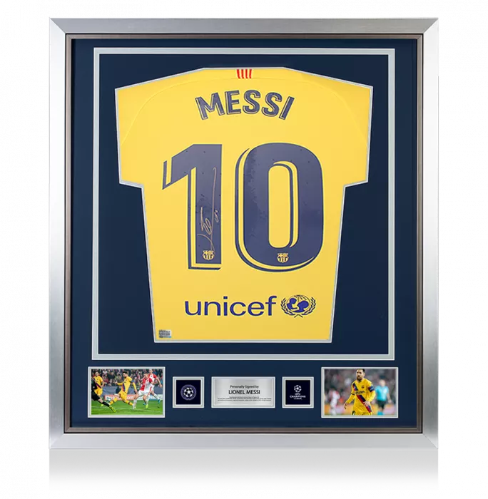 Lionel Messi Official UEFA Champions League Official Back Signed and Framed FC Barcelona 2019-20 Away Shirt