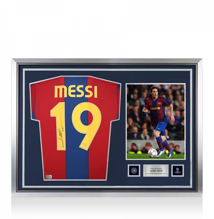 Lionel Messi Official UEFA Champions League Official Back Signed and Hero Framed FC Barcelona 2007-08 Home Shirt