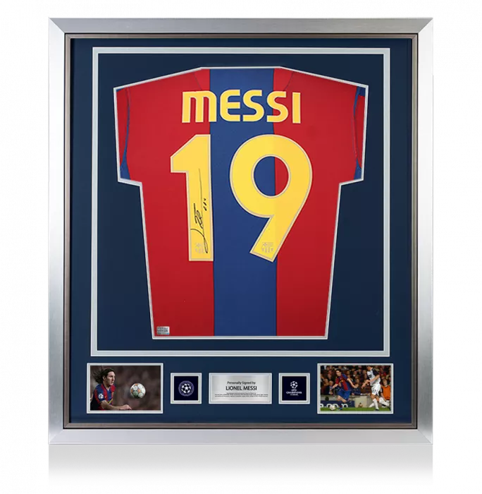 Lionel Messi Official UEFA Champions League Official Back Signed and Framed FC Barcelona 2007-08 Home Shirt