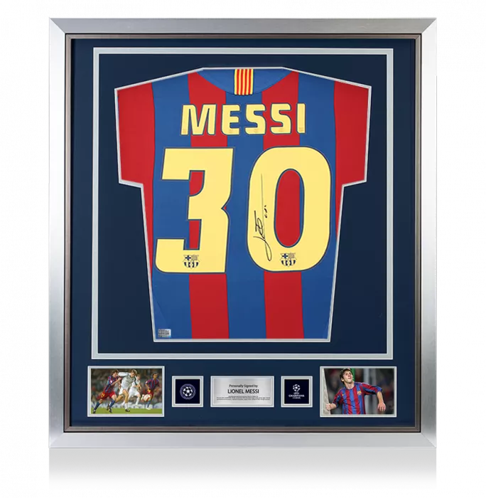 Lionel Messi Official UEFA Champions League Official Back Signed and Framed FC Barcelona 2005-06 Home Shirt