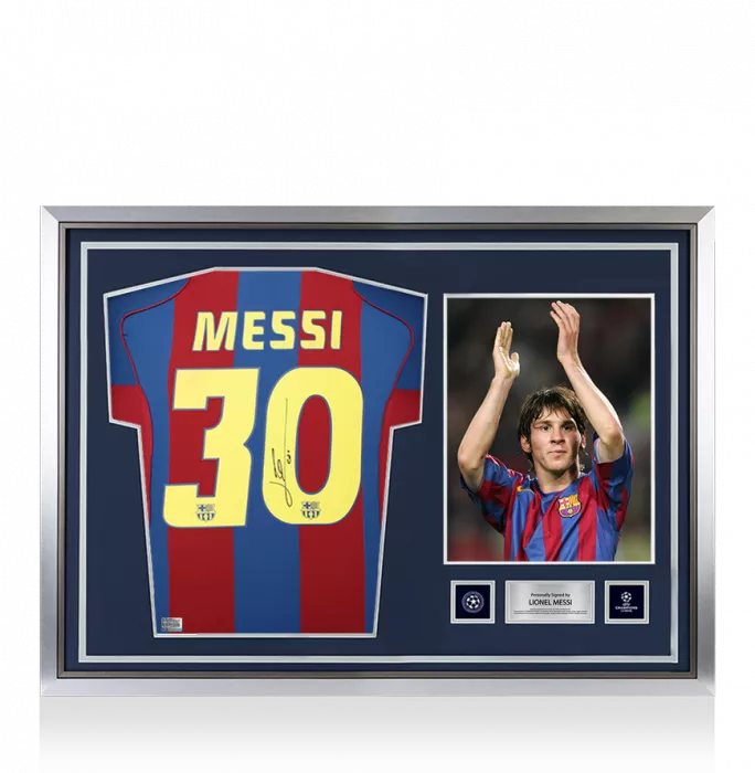 Lionel Messi Official UEFA Champions League Official Back Signed and Hero Framed FC Barcelona 2004-05 Home Shirt