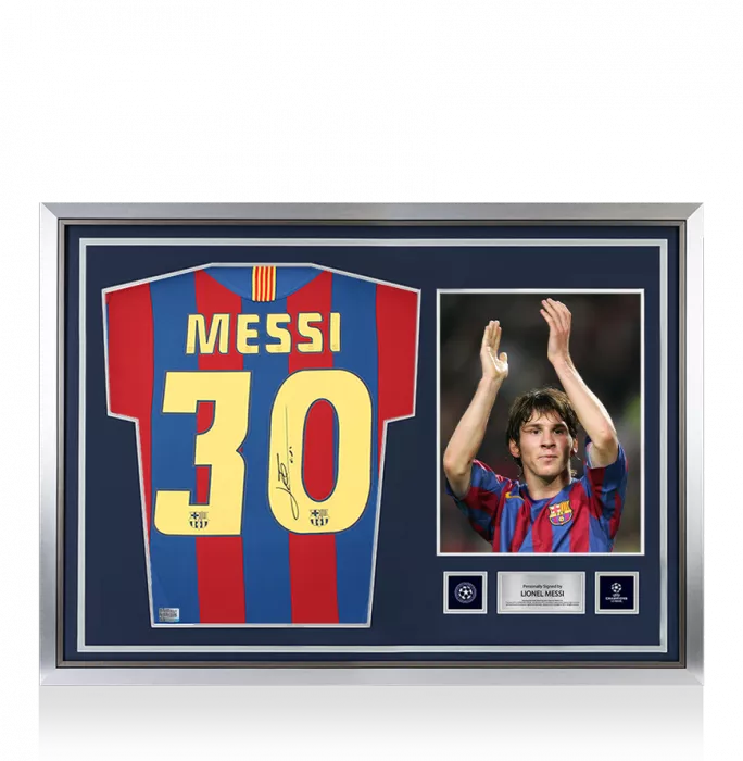 Lionel Messi Official UEFA Champions League Official Back Signed and Hero Framed FC Barcelona 2005-06 Home Shirt