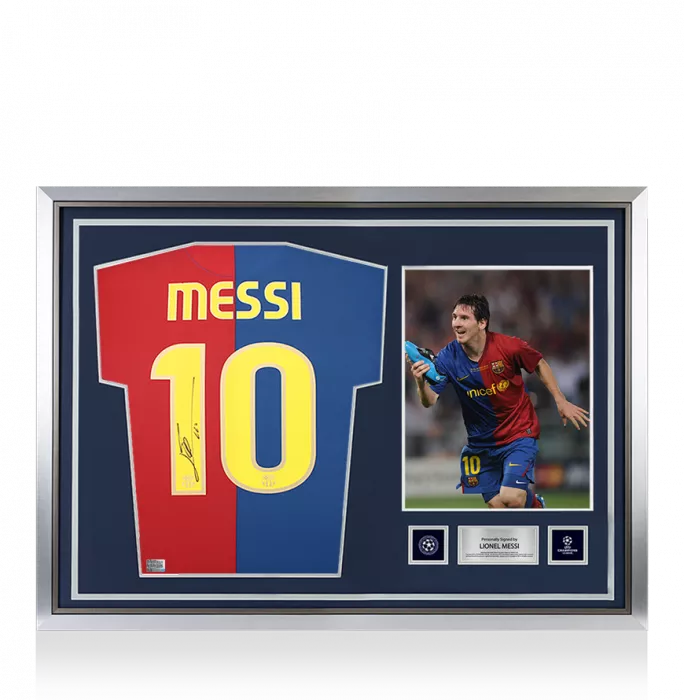 Lionel Messi Official UEFA Champions League Official Back Signed and Hero Framed FC Barcelona 2008-09 Home Shirt