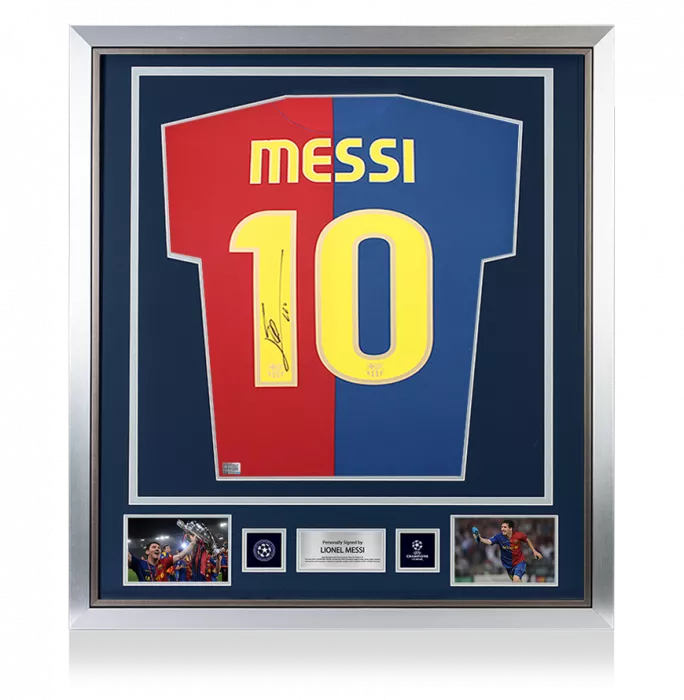 Lionel Messi Official UEFA Champions League Official Back Signed and Framed FC Barcelona 2008-09 Home Shirt