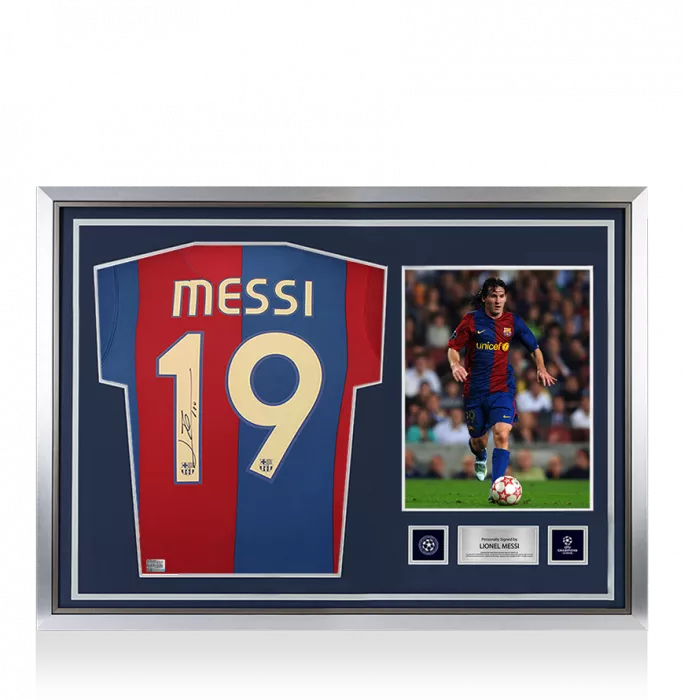 Lionel Messi Official UEFA Champions League Official Back Signed and Hero Framed FC Barcelona 2006-07 Home Shirt