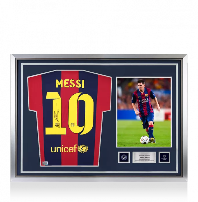 Lionel Messi Official UEFA Champions League Official Back Signed and Hero Framed FC Barcelona 2014-15 Home Shirt