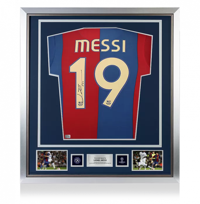 Lionel Messi Official UEFA Champions League Official Back Signed and Framed FC Barcelona 2006-07 Home Shirt