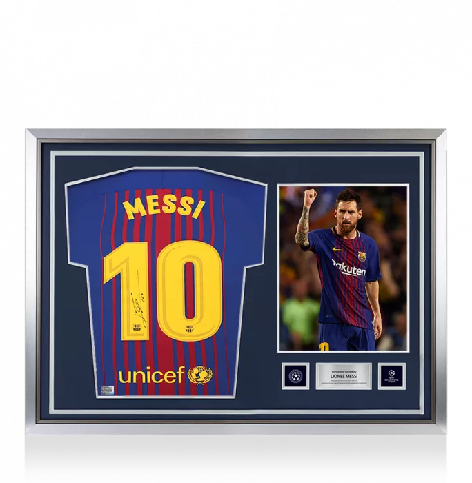 Lionel Messi Official UEFA Champions League Official Back Signed and Hero Framed FC Barcelona 2017-18 Home Shirt
