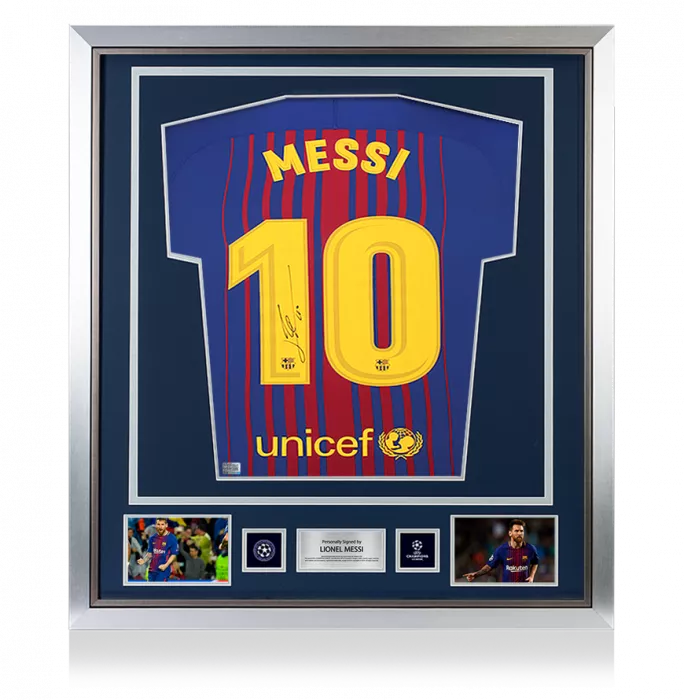 Lionel Messi Official UEFA Champions League Official Back Signed and Framed FC Barcelona 2017-18 Home Shirt