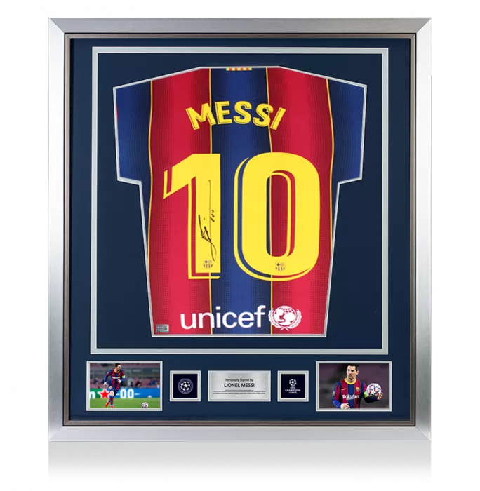 Lionel Messi Official UEFA Champions League Official Back Signed and Framed FC Barcelona 2020-2021 Home Shirt