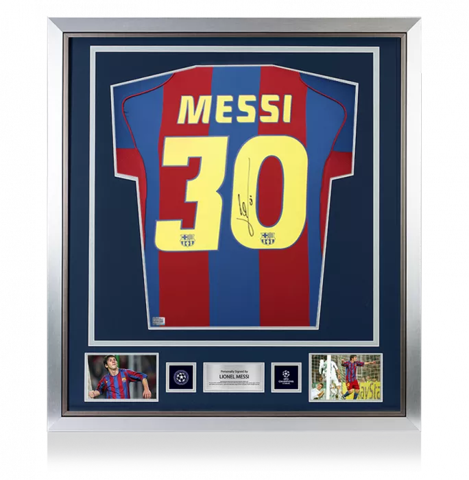 Lionel Messi Official UEFA Champions League Official Back Signed and Framed FC Barcelona 2004-05 Home Shirt