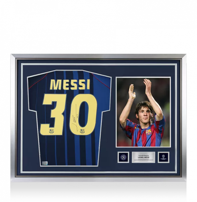 Lionel Messi Official UEFA Champions League Official Back Signed and Hero Framed FC Barcelona 2004-05 Away Shirt
