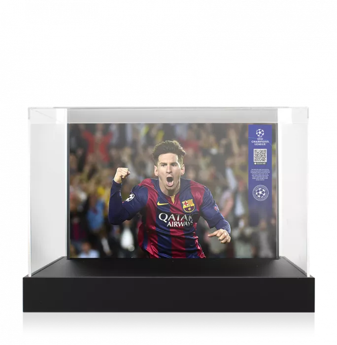 Lionel Messi Official UEFA Champions League Signed Adidas F50 Pro FG Firm Ground Boot In Photo Acrylic Case: Option 1