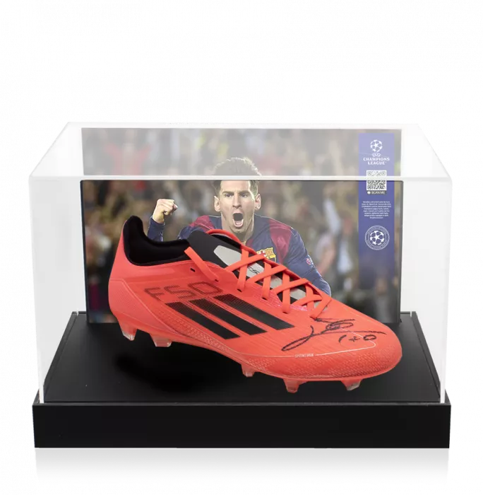 Lionel Messi Official UEFA Champions League Signed adidas F50 Pro FG Firm Ground Boot In Photo Acrylic Case: Option 1
