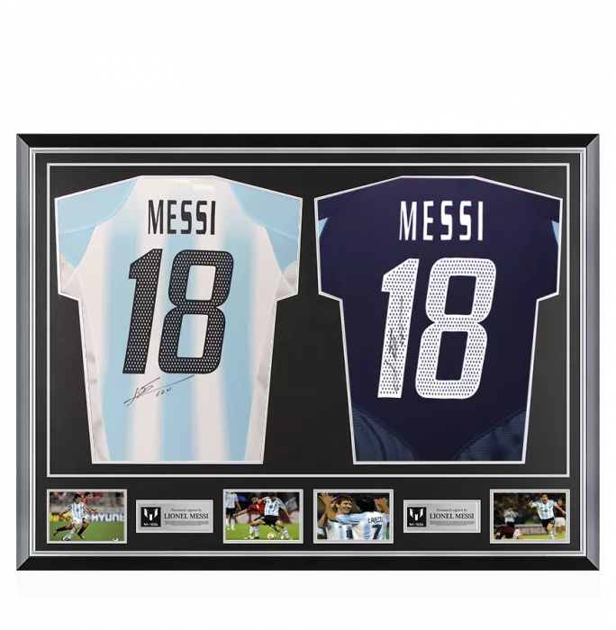 Lionel Messi Signed 2004-05 Argentina Home & Away Shirts In Classic Dual Frame: Argentina Debut Season Edition