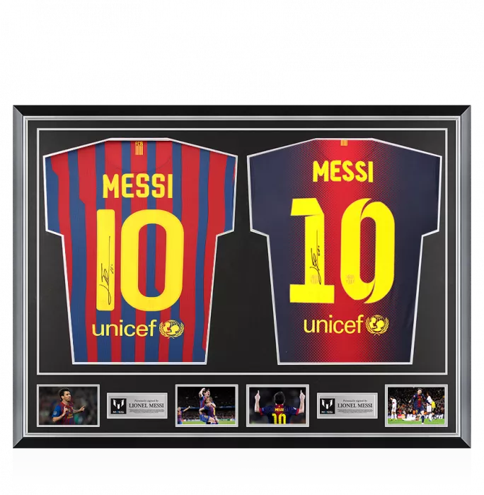 Lionel Messi Signed 2011-12 & 2012-13 FC Barcelona Shirts In Classic Dual Frame: 91 Goals Edition
