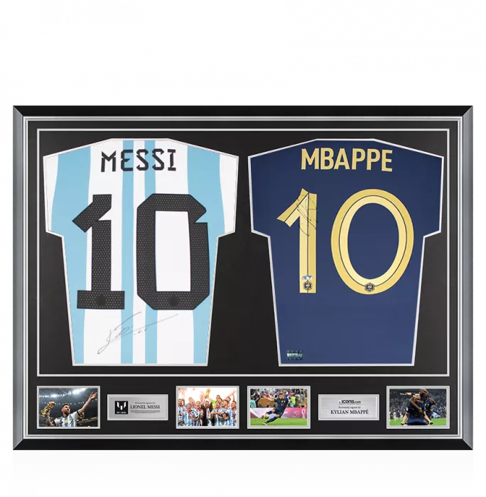 Lionel Messi Signed Argentina & Kylian Mbappe Signed France Shirts In Classic Dual Frame