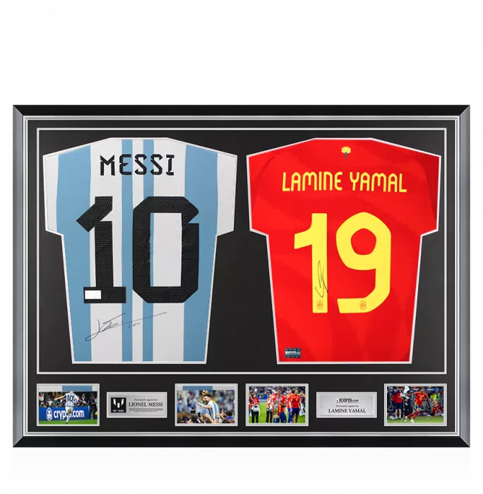 Lionel Messi Signed Argentina & Lamine Yamal Signed Spain Shirts In Classic Dual Frame