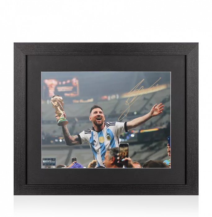 Lionel Messi Signed Argentina Photo In Black Wooden Frame: 2022 FIFA World Cup Winner
