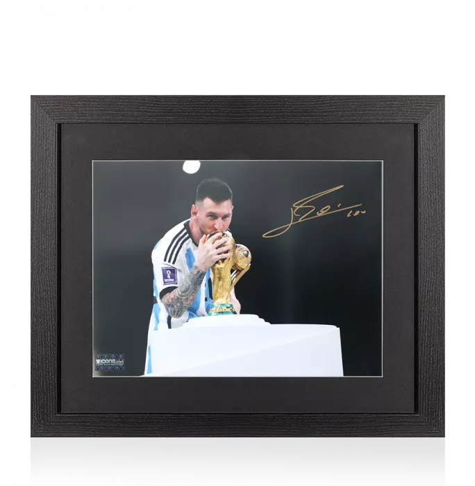 Lionel Messi Signed Argentina Photo In Black Wooden Frame: 2022 FIFA World Cup Winner