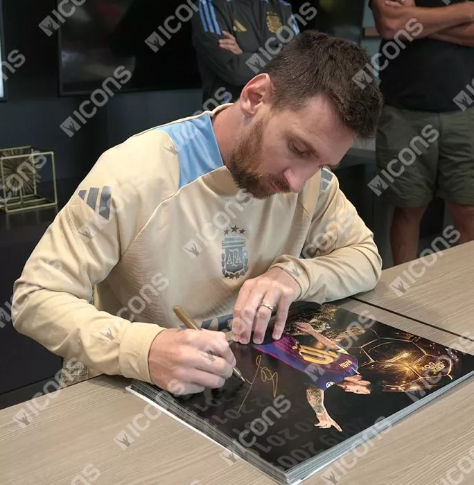 Lionel Messi Signed Ballon D'Or Montage Photo In Black Wooden Frame