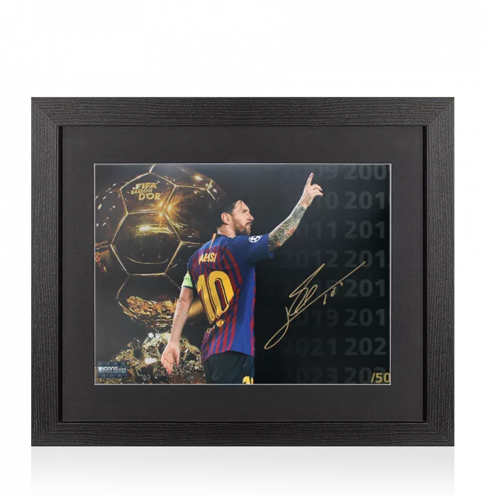 Lionel Messi Signed Ballon d'Or Montage Photo In Black Wooden Frame