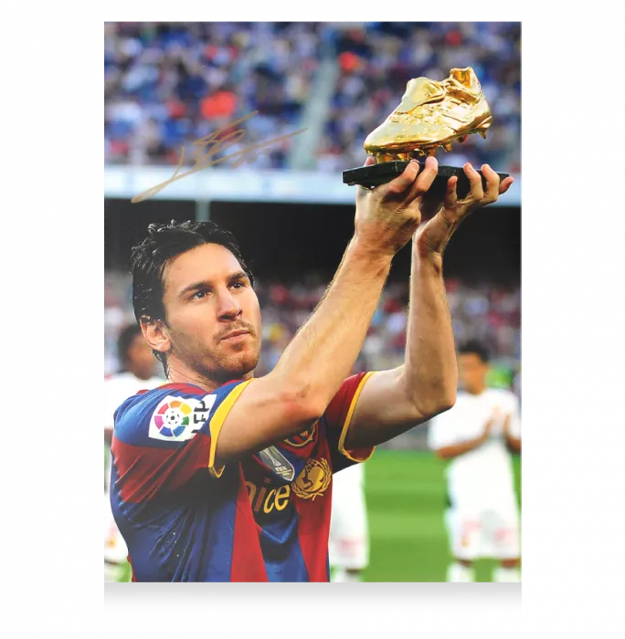 Lionel Messi Signed FC Barcelona Photo In Black Wooden Frame: Golden Boot Winner
