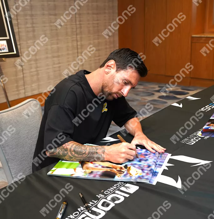 Lionel Messi Signed FC Barcelona Photo In Black Wooden Frame: Golden Boot Winner