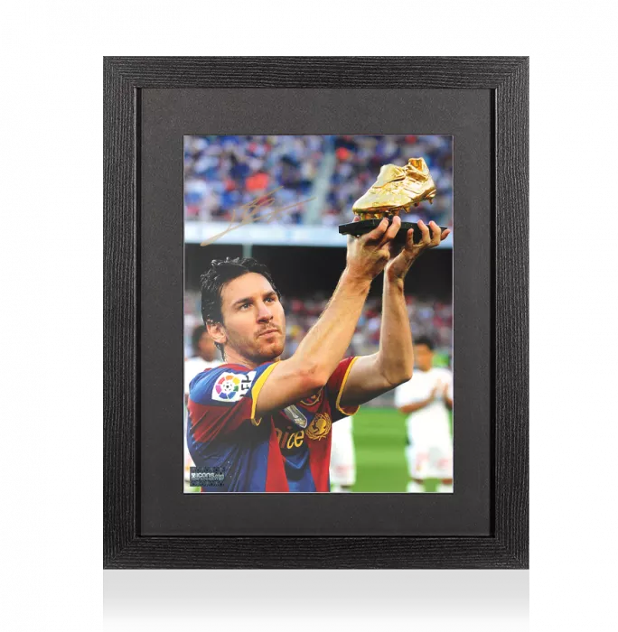 Lionel Messi Signed FC Barcelona Photo In Black Wooden Frame: Golden Boot Winner