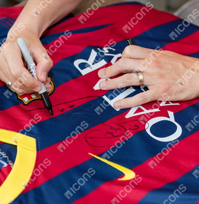 Lionel Messi Xavi & Andres Iniesta Official FC Barcelona Front Signed And Framed 2013-14 Home Shirt