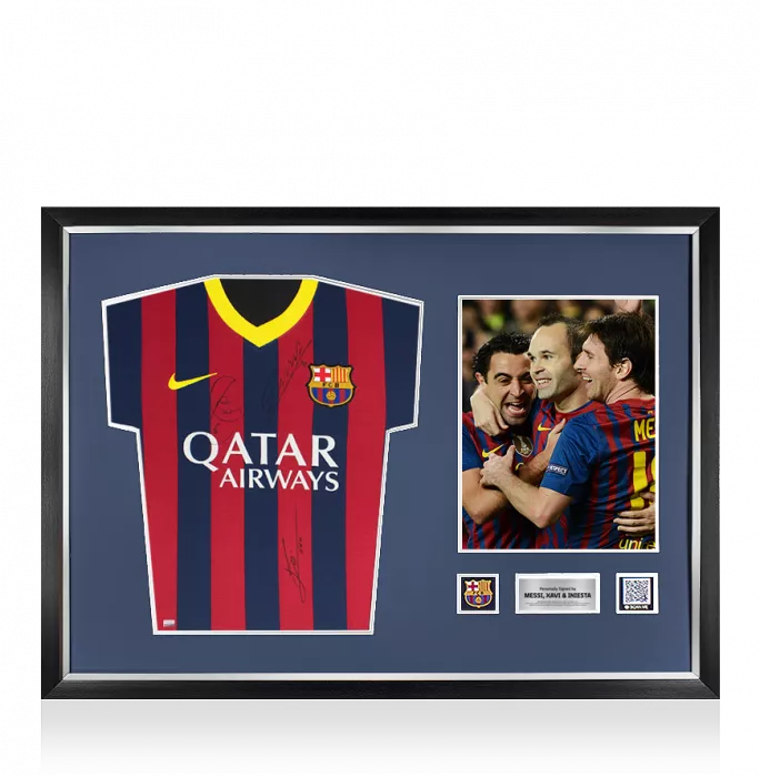 Lionel Messi Xavi & Andres Iniesta Official FC Barcelona Front Signed and Framed 2013-14 Home Shirt
