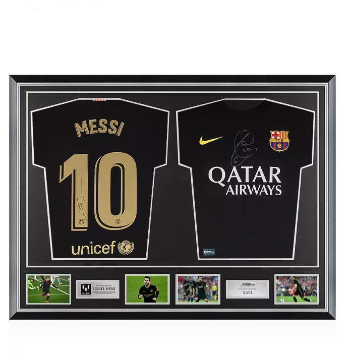 Lionel Messi & Xavi Signed FC Barcelona Away Shirts In Classic Dual Frame