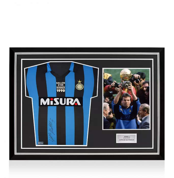 Lothar Matthaus Front Signed Internazionale 1990 Home Shirt - Ballon d'Or Edition In Hero Frame: Option 1