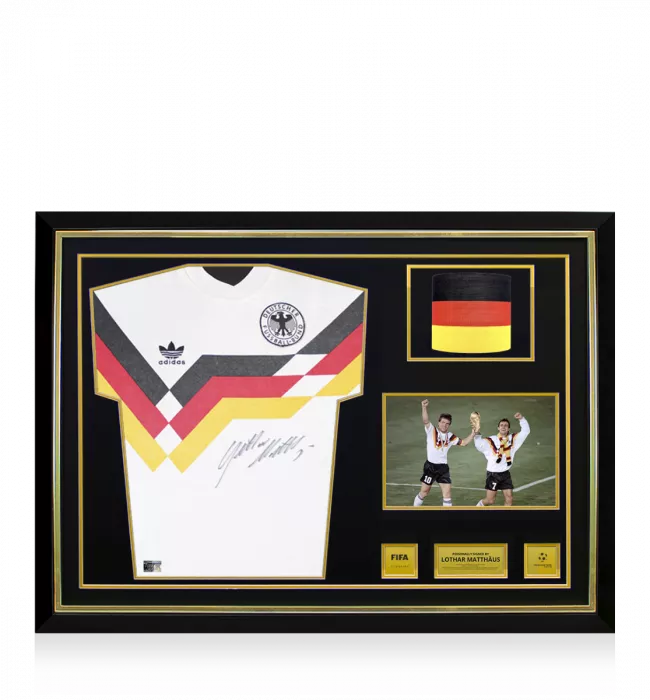 Lothar Matthaus Official 1990 FIFA World Cup™ Front Signed and Hero Framed Germany 1988-90 Home Shirt: 1990 FIFA World Cup Winning Captain Edition