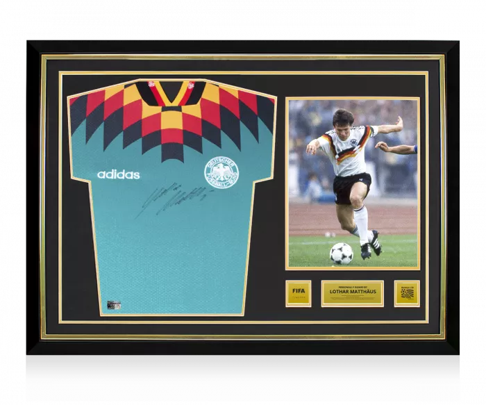 Lothar Matthaus Official 1994 FIFA World Cup™ Front Signed and Hero Framed Germany 1994-96 Away Shirt