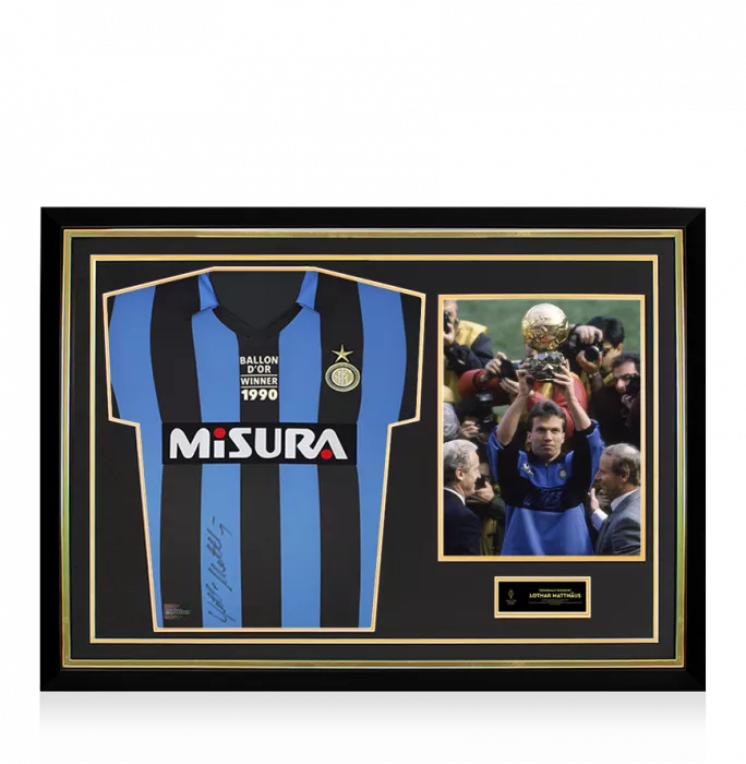 Lothar Matthaus Official Ballon d'Or™ Front Signed and Hero Framed Internazionale 1990 Home Shirt - Ballon d'Or Edition