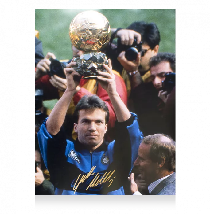 Lothar Matthaus Signed Internazionale Photo In Black Wooden Frame: 1990 Ballon D'Or Winner