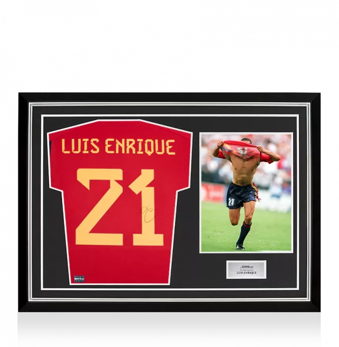 Luis Enrique Back Signed Modern Spain Home Shirt with Fan Style Numbers In Hero Frame: Option 1