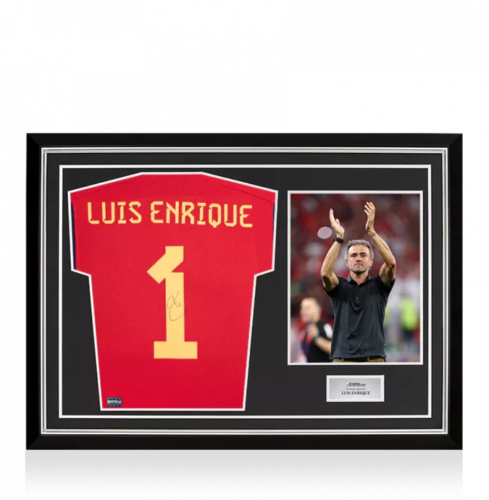 Luis Enrique Back Signed Spain 2022 Home Shirt with Fan Style Numbers In Hero Frame: Option 1
