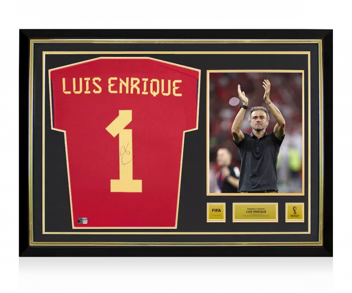 Luis Enrique Official 2022 FIFA World Cup™ Back Signed and Hero Framed Spain 2022 Home Shirt with Fan Style Numbers