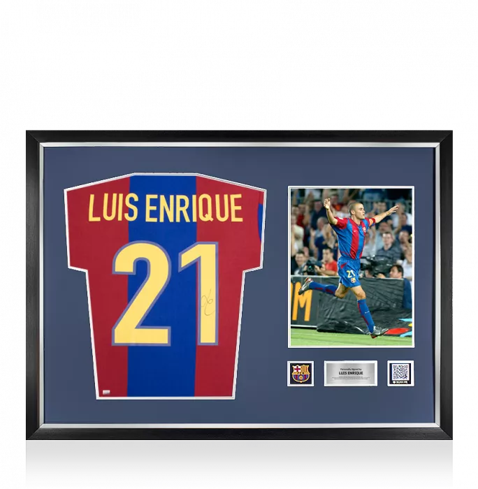 Luis Enrique Official FC Barcelona Back Signed and Framed Retro Home Shirt with Fan Style Numbers