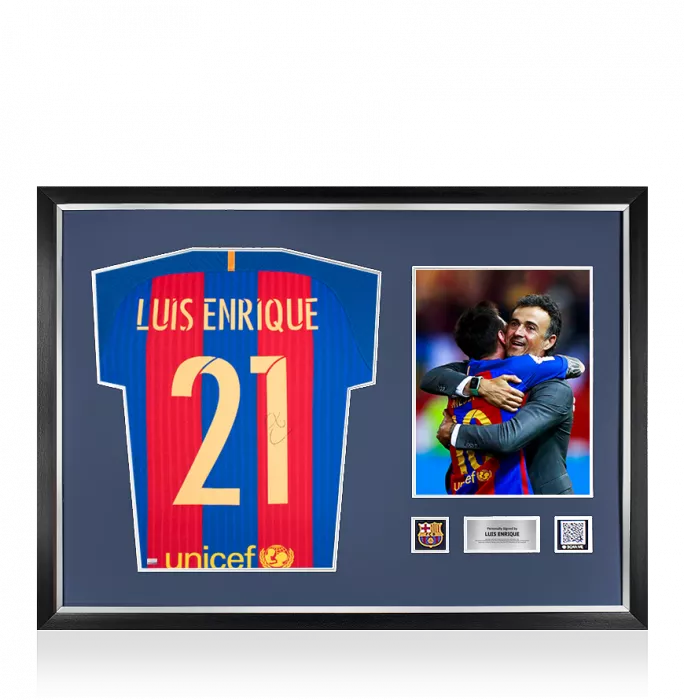 Luis Enrique Official FC Barcelona Back Signed and Framed 2016-17 Home Shirt with Fan Style Numbers