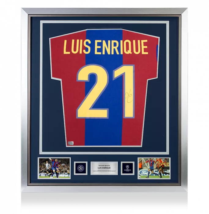 Luis Enrique Official UEFA Champions League Back Signed and Framed FC Barcelona Retro Home Shirt with Fan Style Numbers