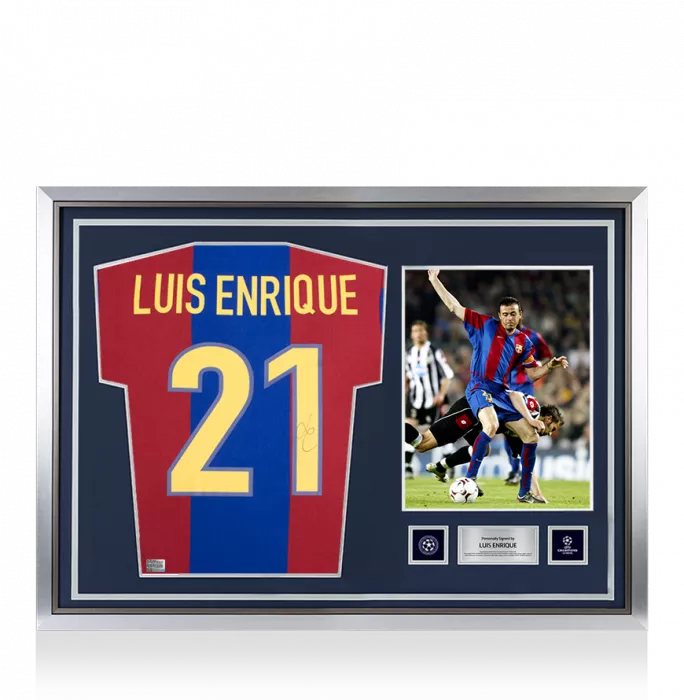 Luis Enrique Official UEFA Champions League Back Signed and Hero Framed FC Barcelona Retro Home Shirt with Fan Style Numbers
