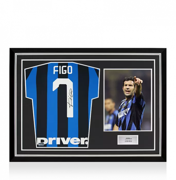 Luis Figo Back Signed Internazionale 2019-20 Home Shirt with Fan Style Number In Hero Frame: Option 1